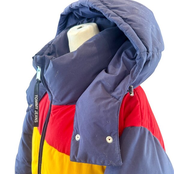 Tommy Jeans Colorblock Long Puffer Coat Red Yellow Blue Navy Size M - Picture 8 of 13
